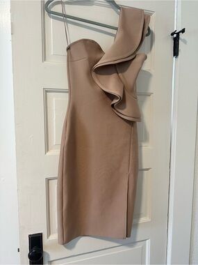 One-Shoulder Ruffle Bodycon Dress in Beige